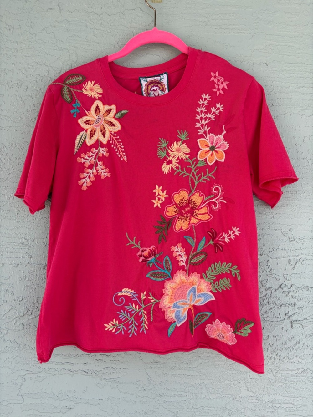 Johnny Was Hot Pink Floral Embroidered Short Sleeve Tee